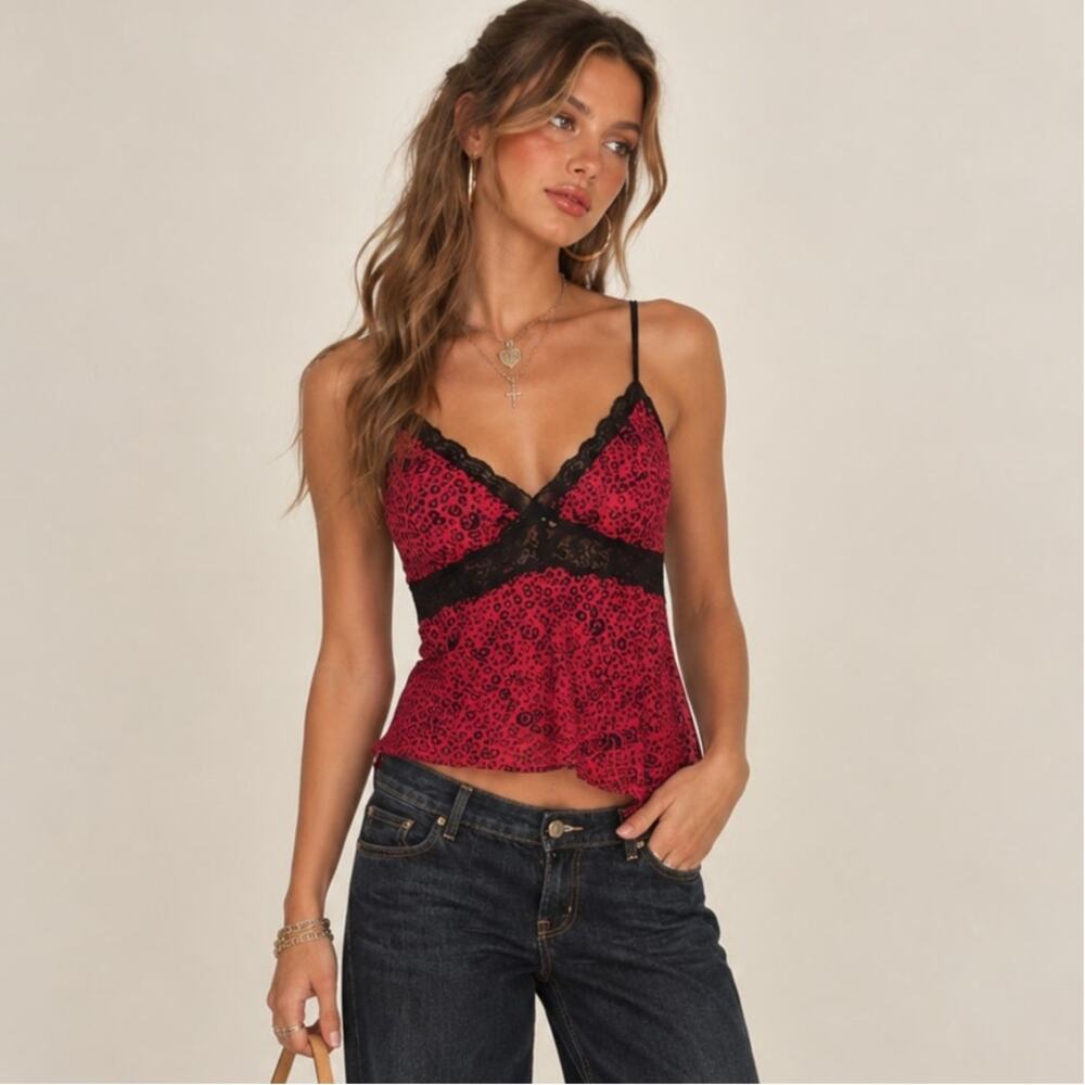 Vintage Y2K Leopard Rose Babydoll Top Lace Cami Dark Fairy Tee Large Lingerie